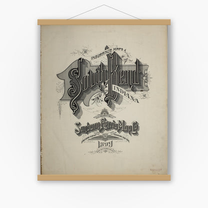 Old map wall art mockup — magnetic wood frame on white wall — Sanborn Fire Insurance Map from South Bend, Saint Joseph County, Indiana (1899), Sheet #0001