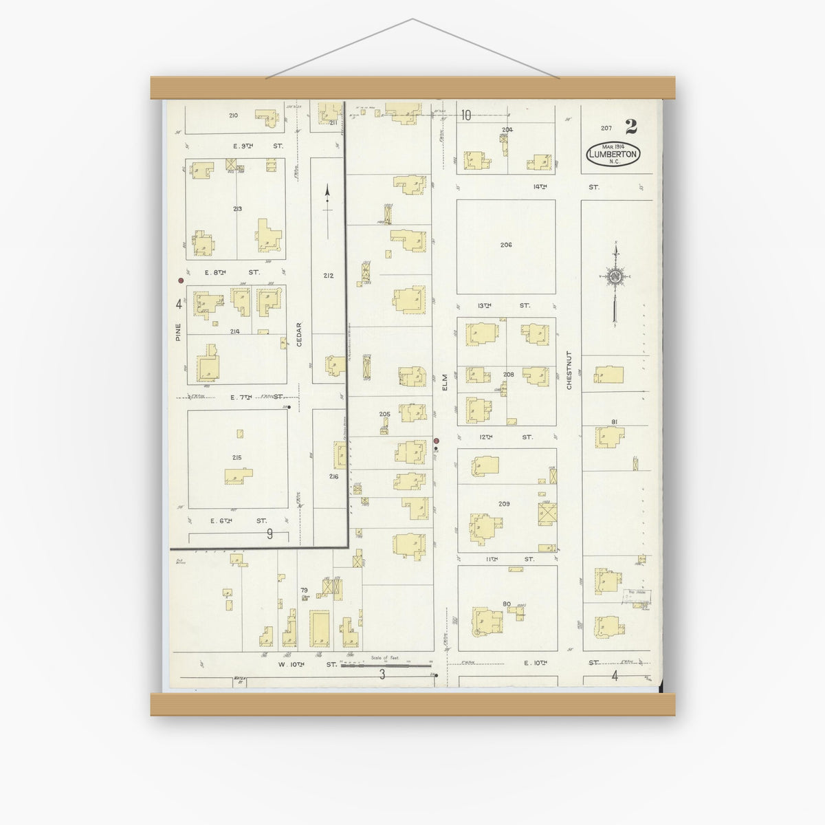 Old map wall art mockup — magnetic wood frame on white wall — Sanborn Fire Insurance Map from Lumberton, Robeson County, North Carolina (1914), Sheet #0002