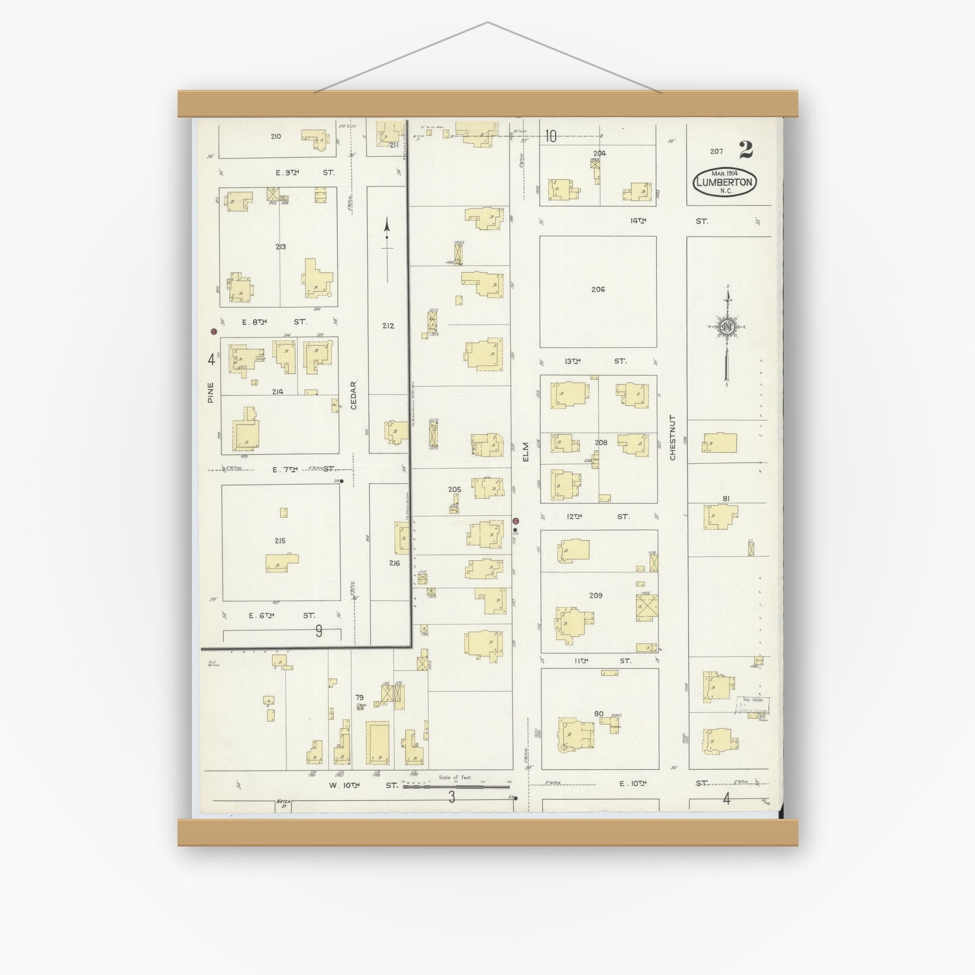 Old map wall art mockup — magnetic wood frame on white wall — Sanborn Fire Insurance Map from Lumberton, Robeson County, North Carolina (1914), Sheet #0002