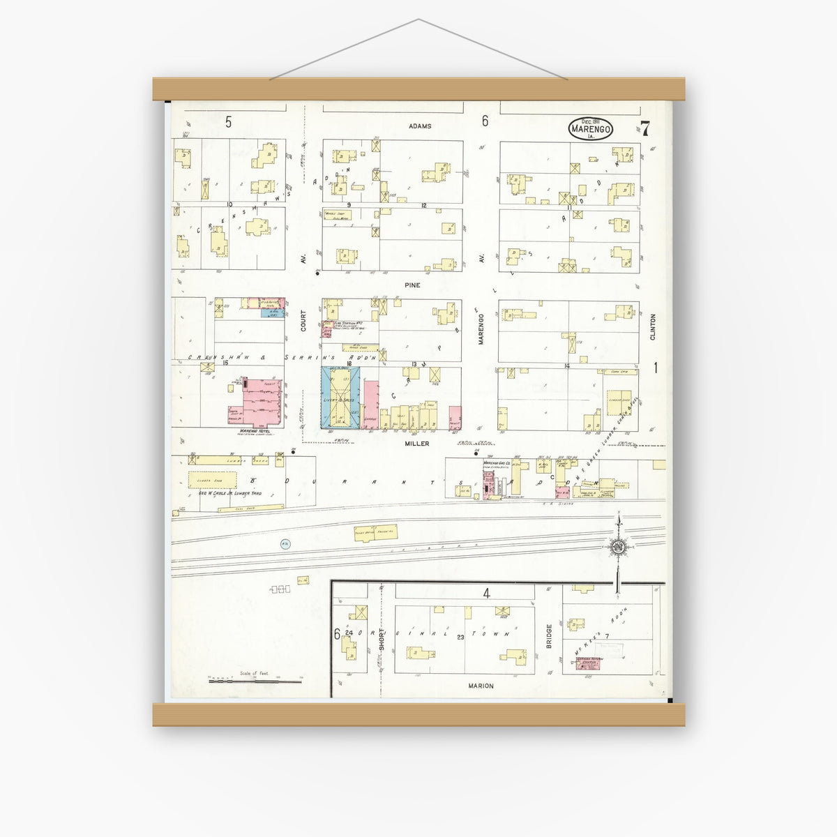Old map wall art mockup — magnetic wood frame on white wall — Sanborn Fire Insurance Map from Marengo, Iowa County, Iowa (1911), Sheet #0007