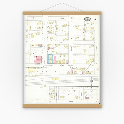 Old map wall art mockup — magnetic wood frame on white wall — Sanborn Fire Insurance Map from Marengo, Iowa County, Iowa (1911), Sheet #0007