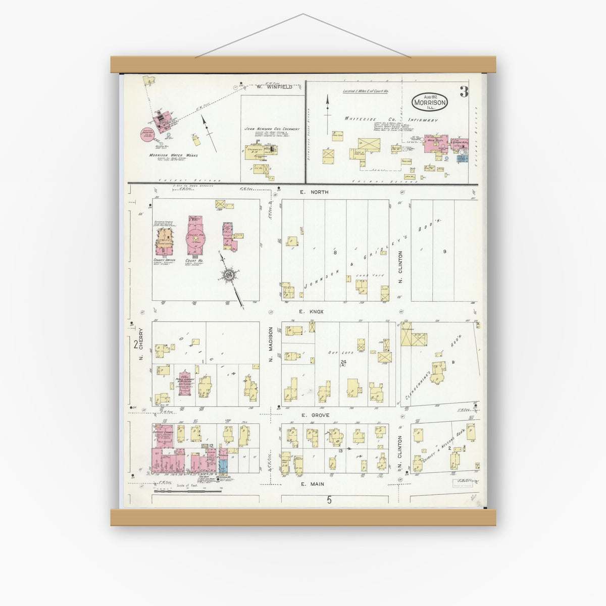 Old map wall art mockup — magnetic wood frame on white wall — Sanborn Fire Insurance Map from Morrison, Whiteside County, Illinois (1912), Sheet #0003