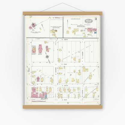 Old map wall art mockup — magnetic wood frame on white wall — Sanborn Fire Insurance Map from Morrison, Whiteside County, Illinois (1912), Sheet #0003