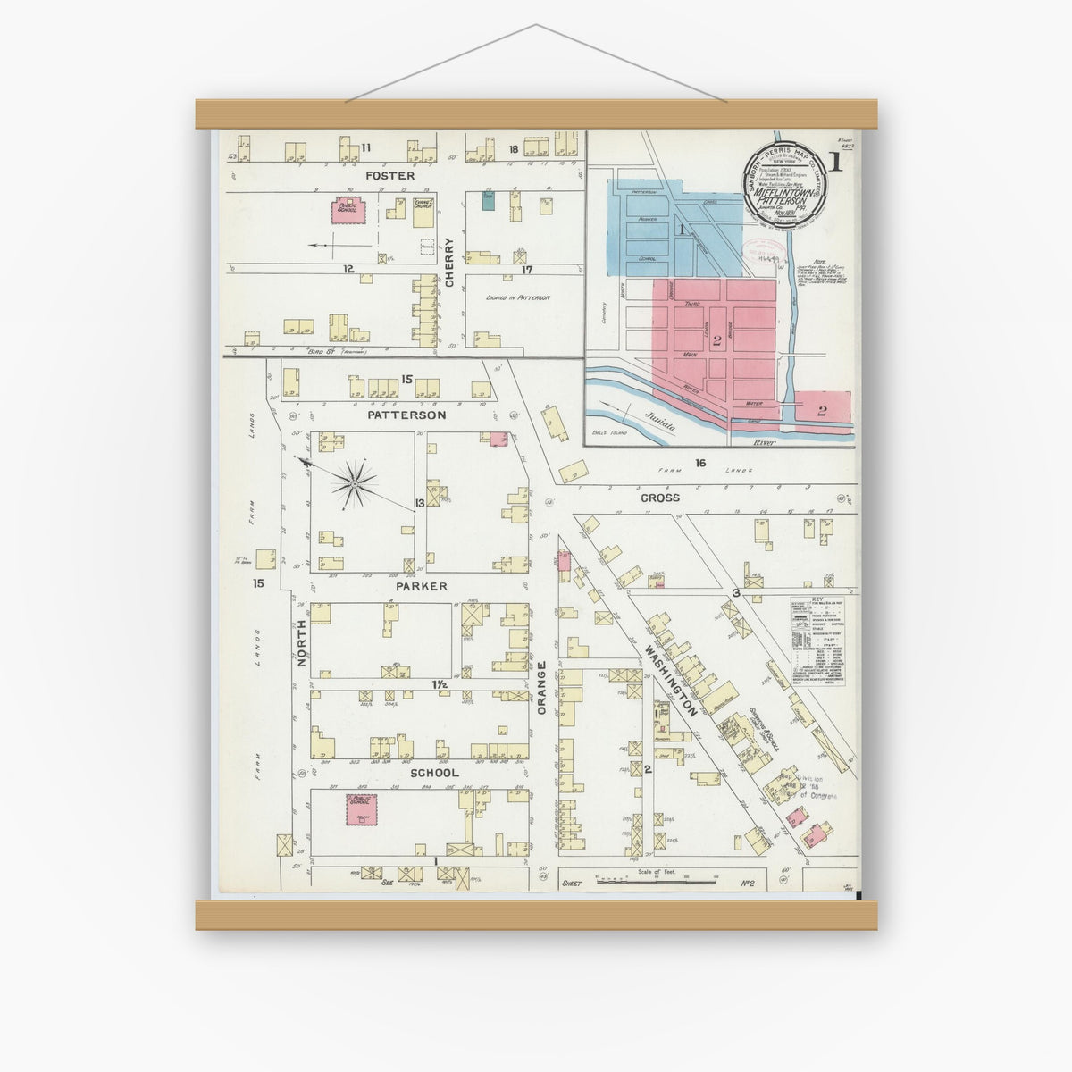 Old map wall art mockup — magnetic wood frame on white wall — Sanborn Fire Insurance Map from Mifflintown, Juniata County, Pennsylvania (1891), Sheet #0001