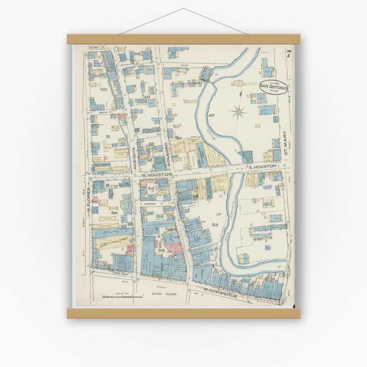 Old map wall art mockup — magnetic wood frame on white wall — Sanborn Fire Insurance Map from San Antonio, Bexar County, Texas (1885), Sheet #0007