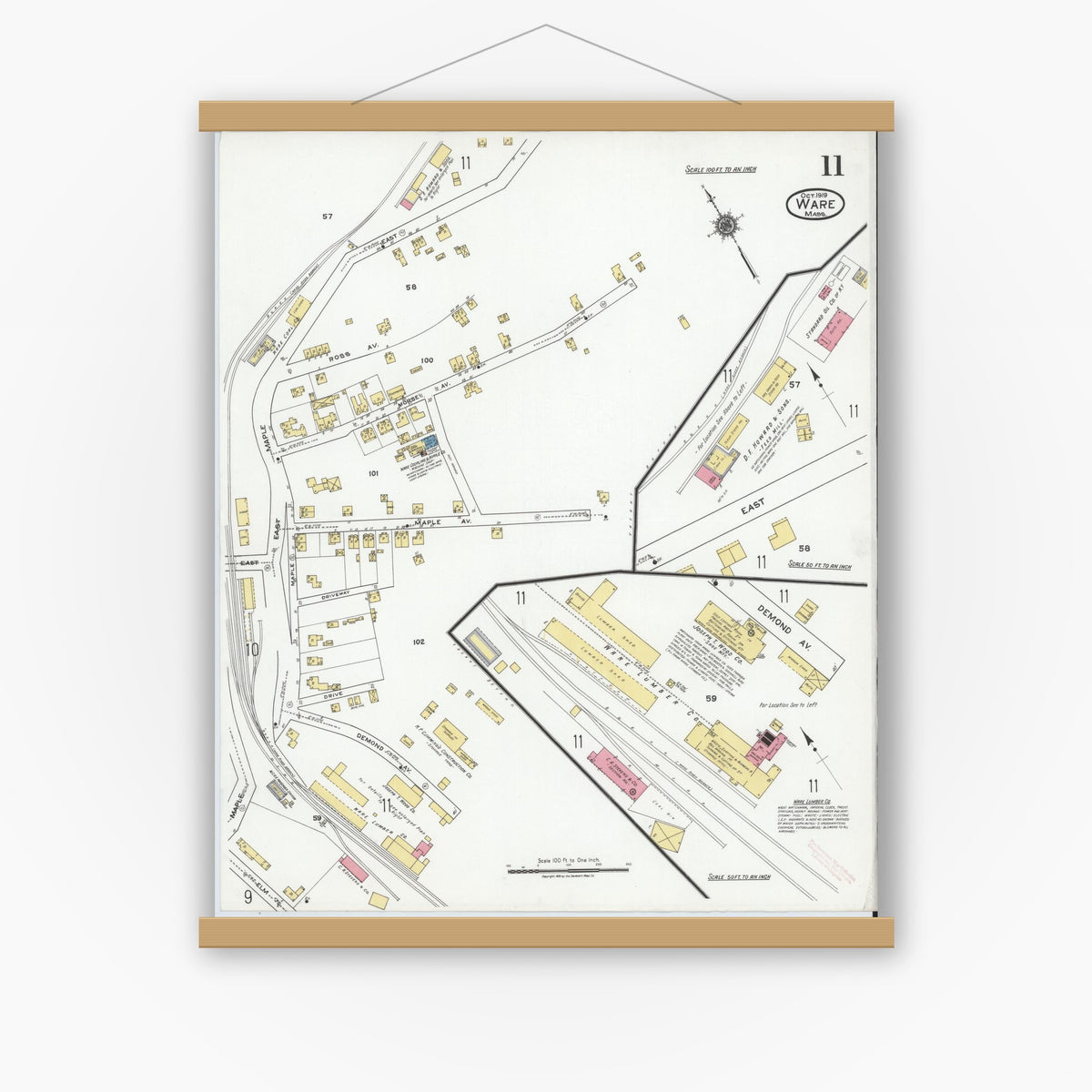 Old map wall art mockup — magnetic wood frame on white wall — Sanborn Fire Insurance Map from Ware, Hampshire County, Massachusetts (1919), Sheet #0011