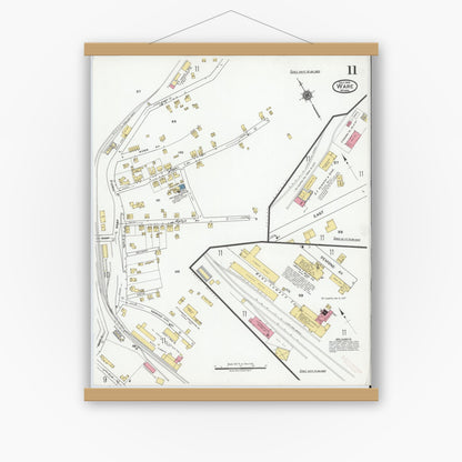 Old map wall art mockup — magnetic wood frame on white wall — Sanborn Fire Insurance Map from Ware, Hampshire County, Massachusetts (1919), Sheet #0011