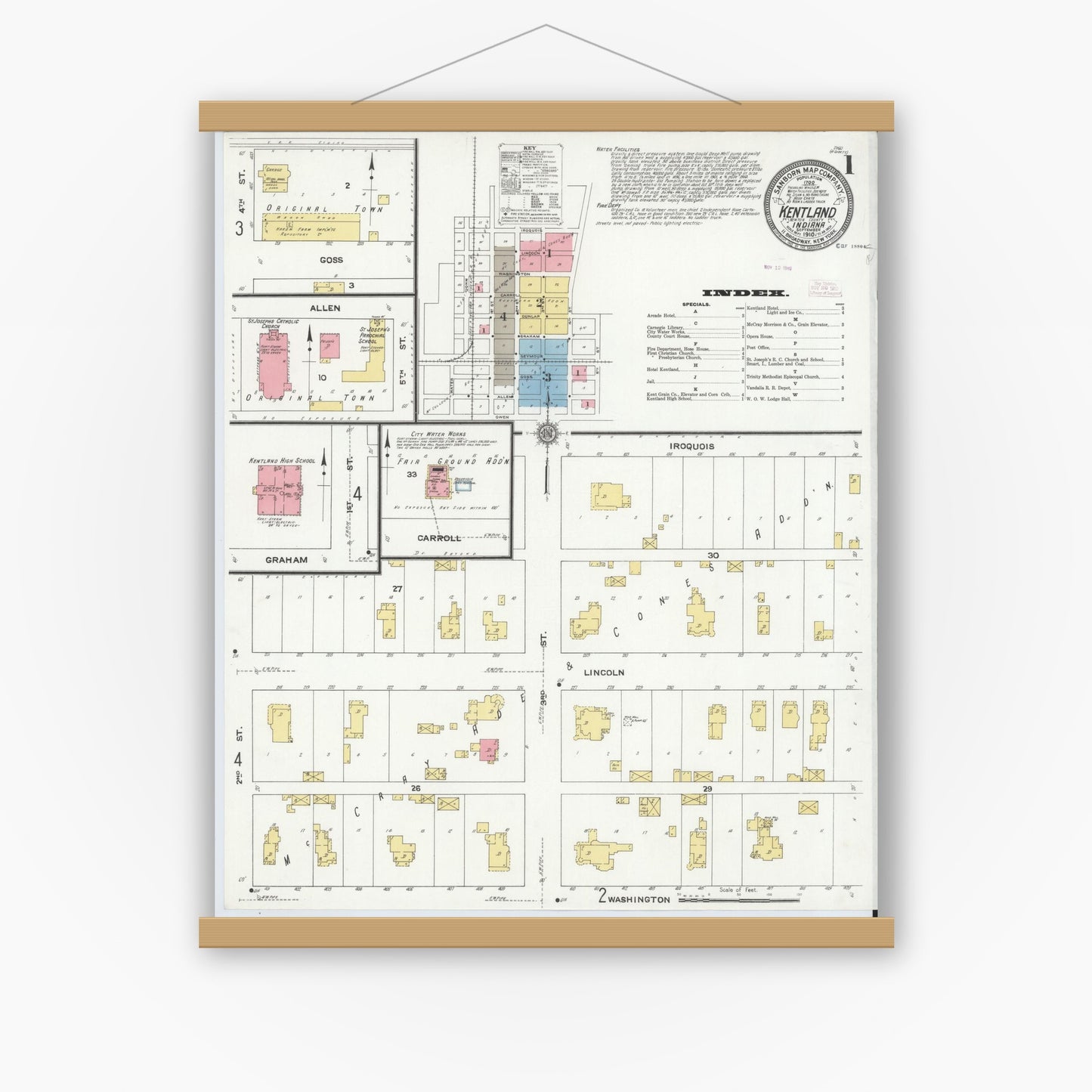Old map wall art mockup — magnetic wood frame on white wall — Sanborn Fire Insurance Map from Kentland, Newton County, Indiana (1910) - Complete Map Set