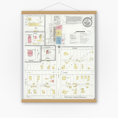 Old map wall art mockup — magnetic wood frame on white wall — Sanborn Fire Insurance Map from Kentland, Newton County, Indiana (1910) - Complete Map Set