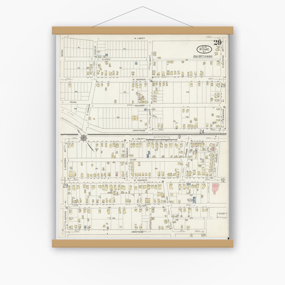 Old map wall art mockup — magnetic wood frame on white wall — Sanborn Fire Insurance Map from Rome, Oneida County, New York (1914), Sheet #0029