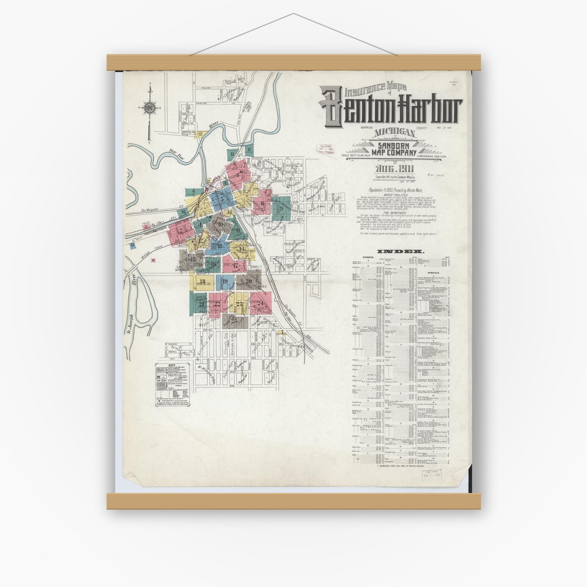 Old map wall art mockup — magnetic wood frame on white wall — Sanborn Fire Insurance Map from Benton Harbor, Berrien County, Michigan (1911) - Complete Map Set