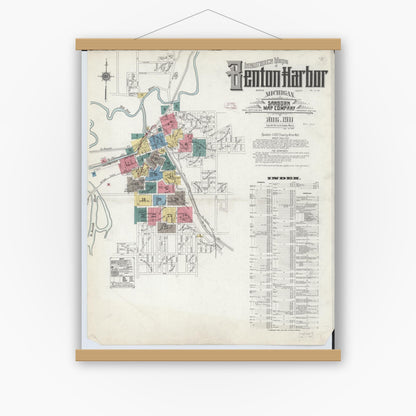 Old map wall art mockup — magnetic wood frame on white wall — Sanborn Fire Insurance Map from Benton Harbor, Berrien County, Michigan (1911) - Complete Map Set