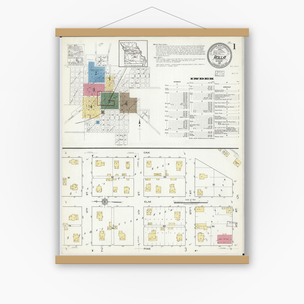 Old map wall art mockup — magnetic wood frame on white wall — Sanborn Fire Insurance Map from Rolla, Phelps County, Missouri (1917) - Complete Map Set