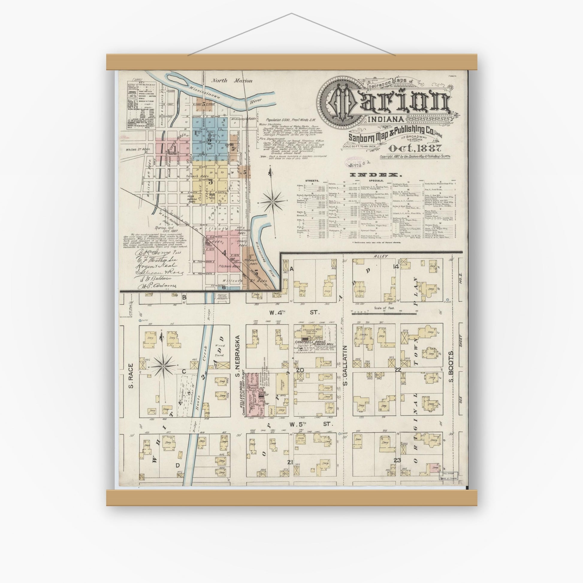 Old map wall art mockup — magnetic wood frame on white wall — Sanborn Fire Insurance Map from Marion, Grant County, Indiana (1887) - Complete Map Set