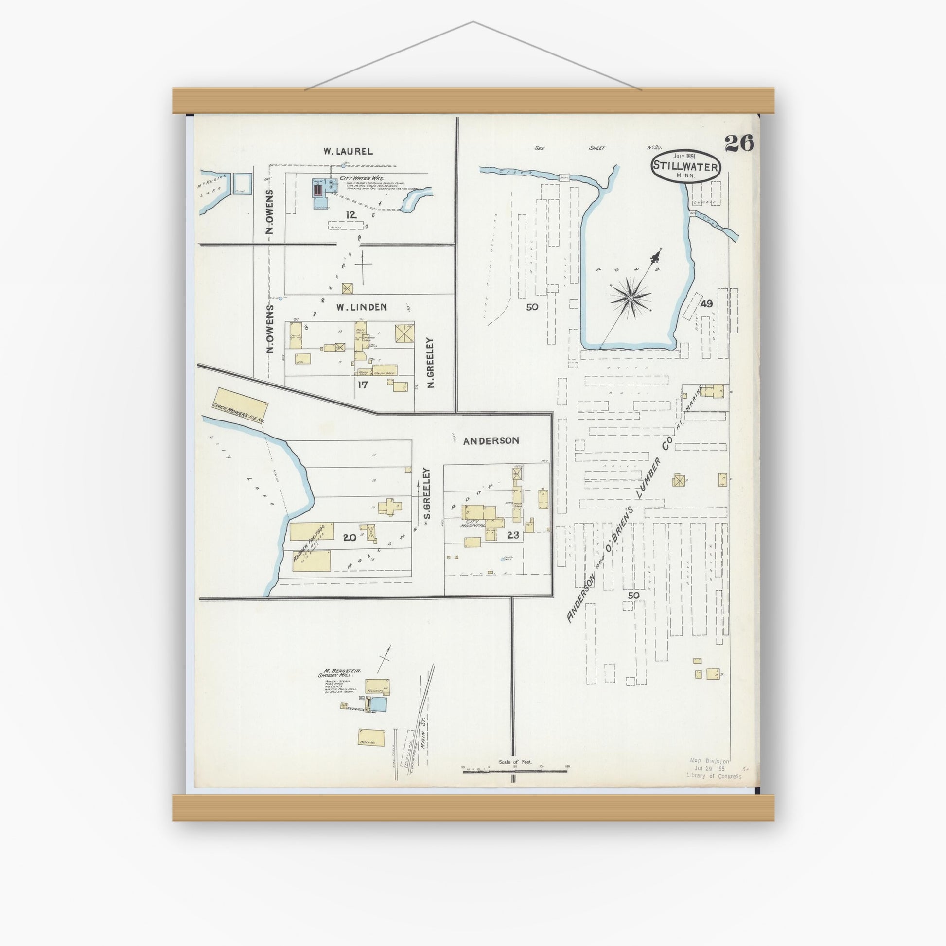 Old map wall art mockup — magnetic wood frame on white wall — Sanborn Fire Insurance Map from Stillwater, Washington County, Minnesota (1891), Sheet #0026