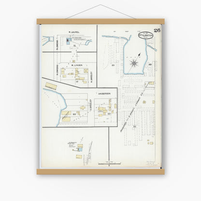 Old map wall art mockup — magnetic wood frame on white wall — Sanborn Fire Insurance Map from Stillwater, Washington County, Minnesota (1891), Sheet #0026