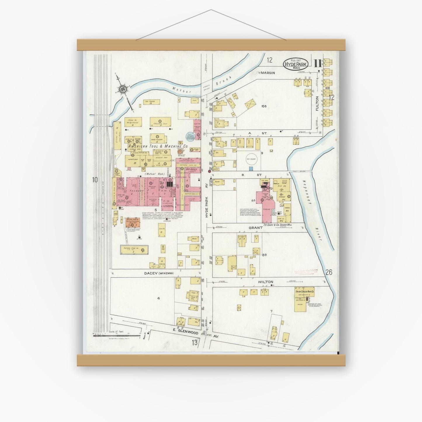 Old map wall art mockup — magnetic wood frame on white wall — Sanborn Fire Insurance Map from Hyde Park, Norfolk County, Massachusetts (1917), Sheet #0011