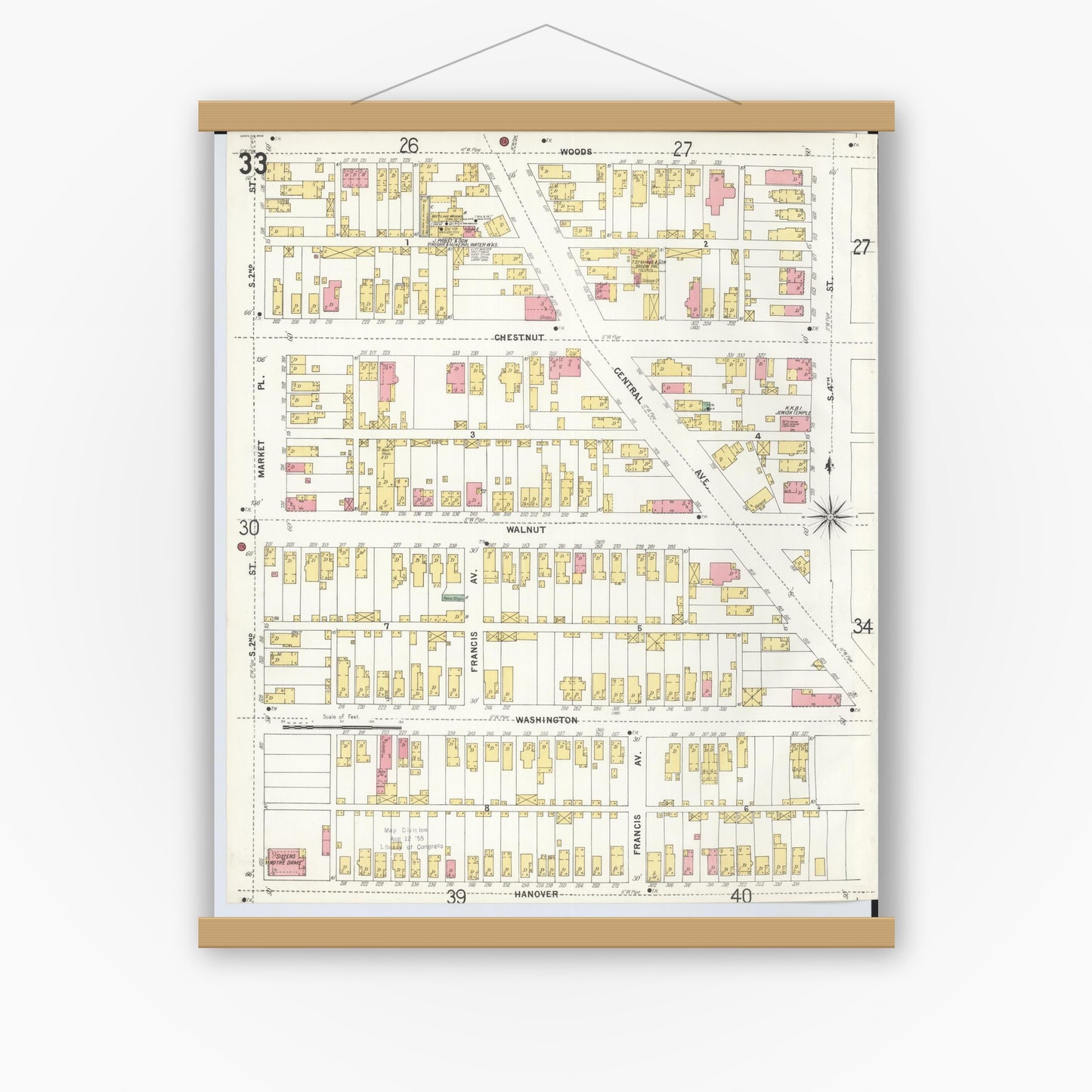 Old map wall art mockup — magnetic wood frame on white wall — Sanborn Fire Insurance Map from Hamilton, Butler County, Ohio (1899), Sheet #0033