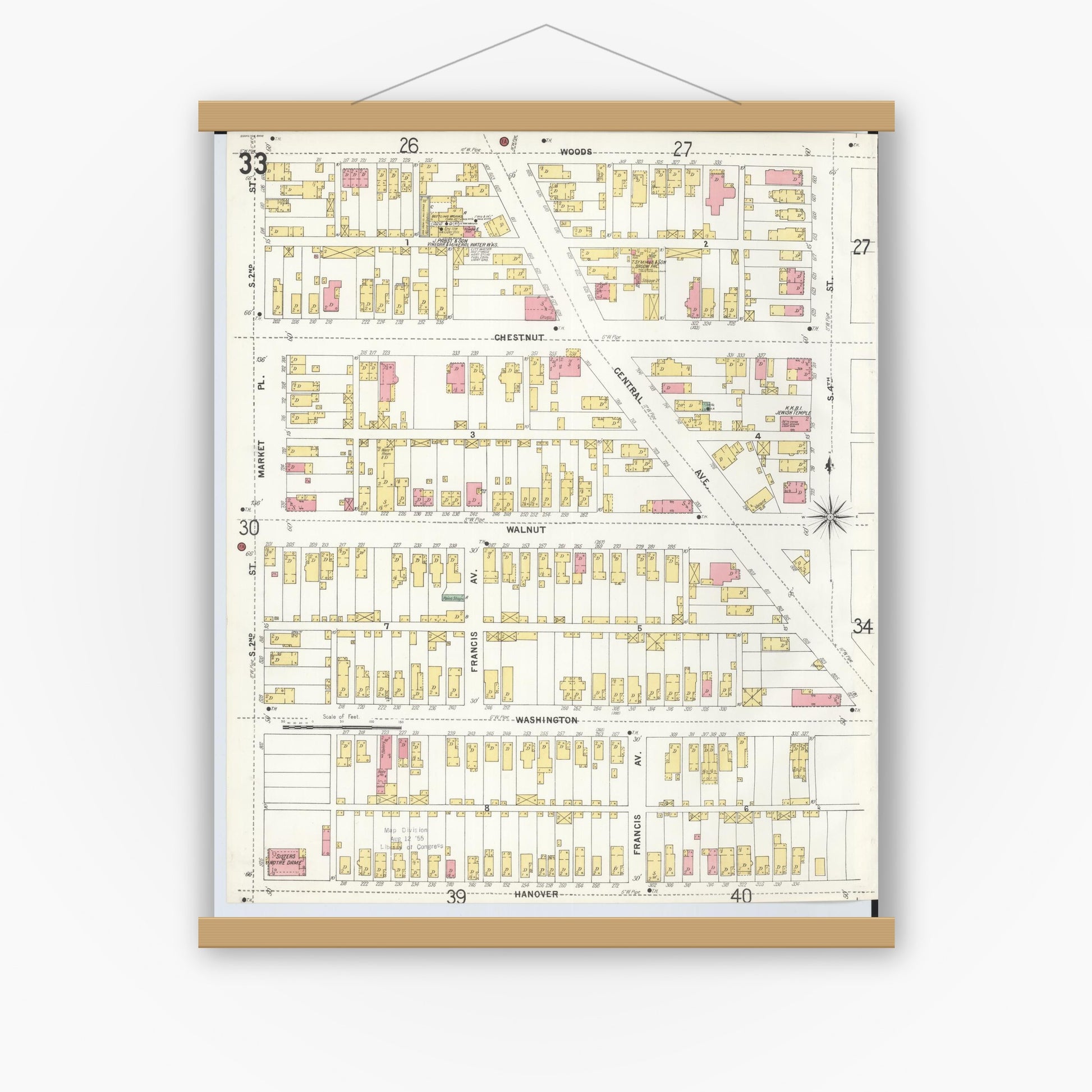 Old map wall art mockup — magnetic wood frame on white wall — Sanborn Fire Insurance Map from Hamilton, Butler County, Ohio (1899), Sheet #0033