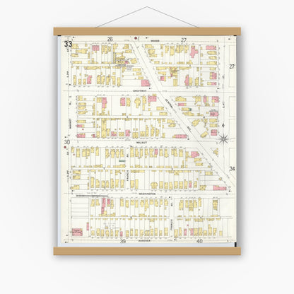 Old map wall art mockup — magnetic wood frame on white wall — Sanborn Fire Insurance Map from Hamilton, Butler County, Ohio (1899), Sheet #0033