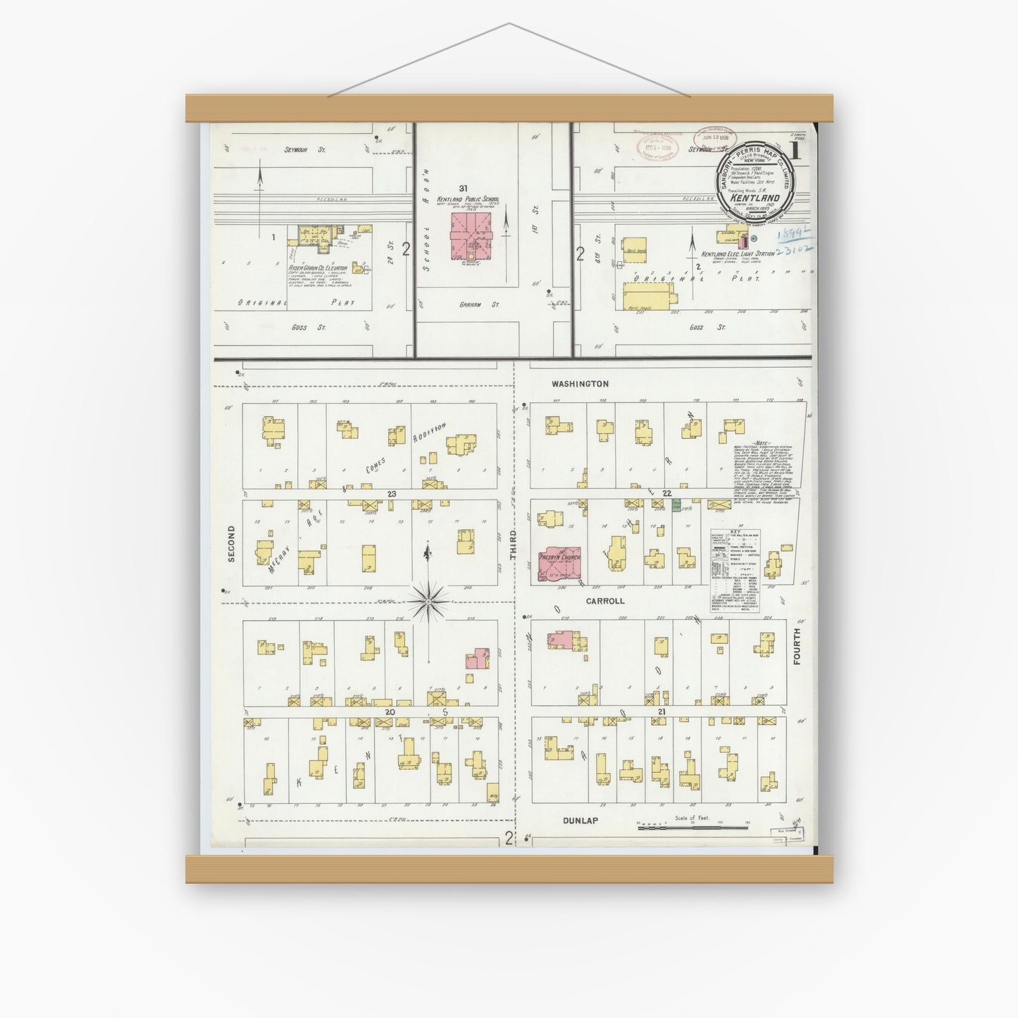 Old map wall art mockup — magnetic wood frame on white wall — Sanborn Fire Insurance Map from Kentland, Newton County, Indiana (1899) - Complete Map Set