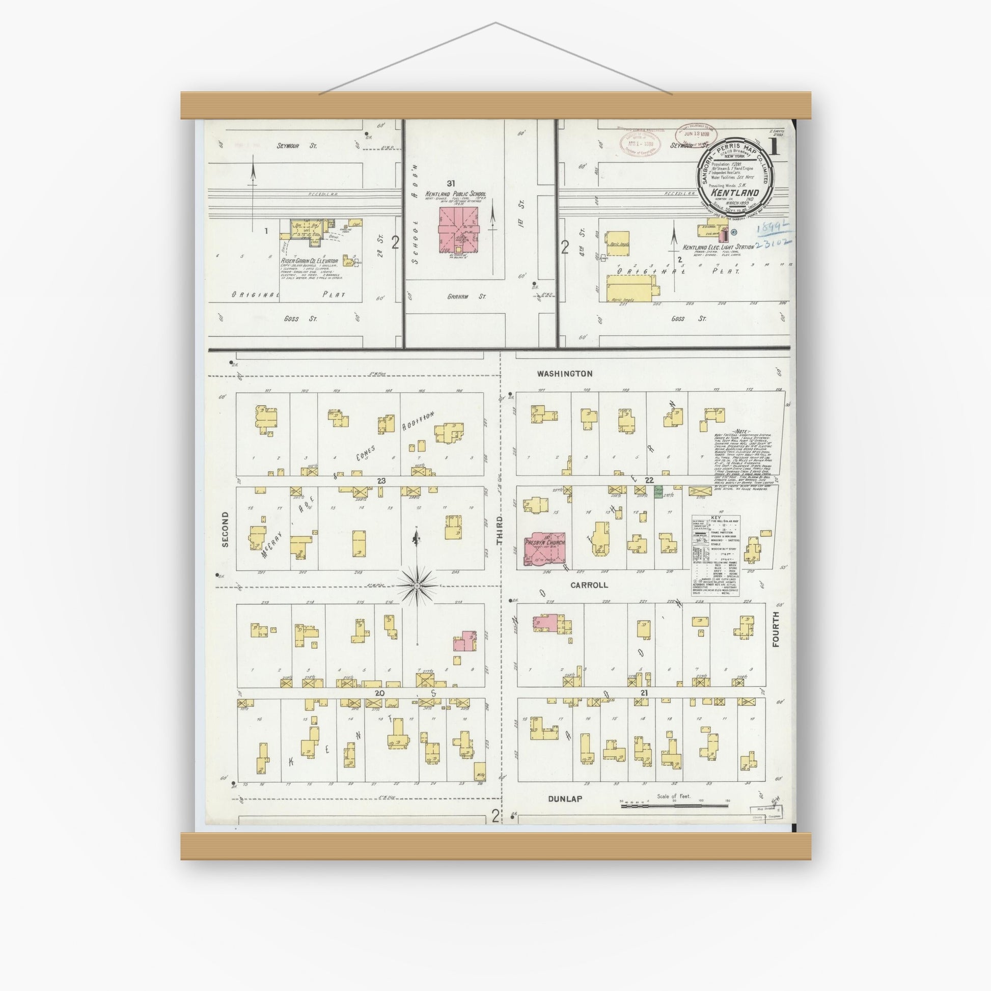 Old map wall art mockup — magnetic wood frame on white wall — Sanborn Fire Insurance Map from Kentland, Newton County, Indiana (1899) - Complete Map Set