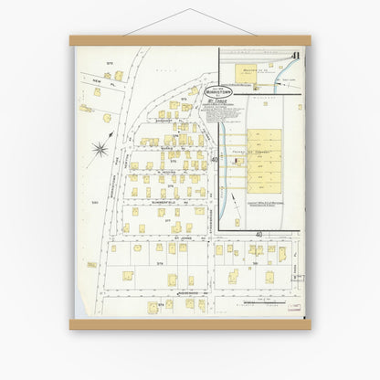 Old map wall art mockup — magnetic wood frame on white wall — Sanborn Fire Insurance Map from Morristown, Morris County, New Jersey (1909), Sheet #0041