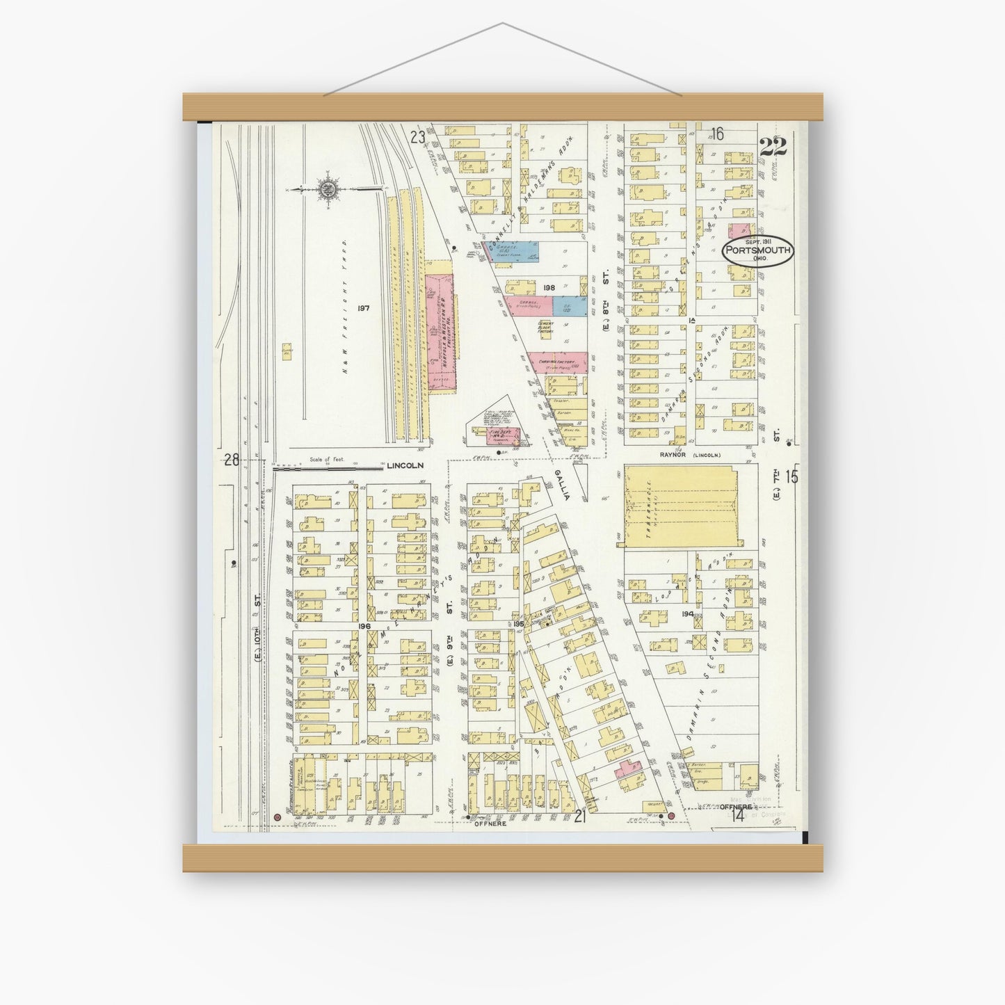 Old map wall art mockup — magnetic wood frame on white wall — Sanborn Fire Insurance Map from Portsmouth, Scioto County, Ohio (1911), Sheet #0022