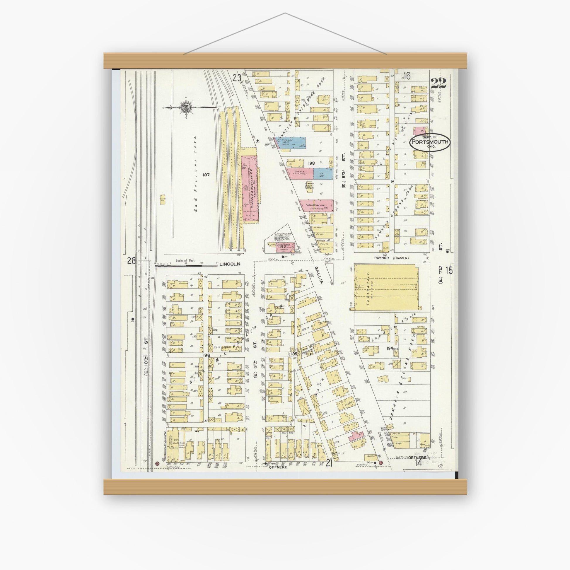 Old map wall art mockup — magnetic wood frame on white wall — Sanborn Fire Insurance Map from Portsmouth, Scioto County, Ohio (1911), Sheet #0022