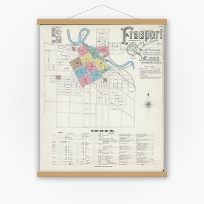Old map wall art mockup — magnetic wood frame on white wall — Sanborn Fire Insurance Map from Freeport, Stephenson County, Illinois (1890), Sheet #0001