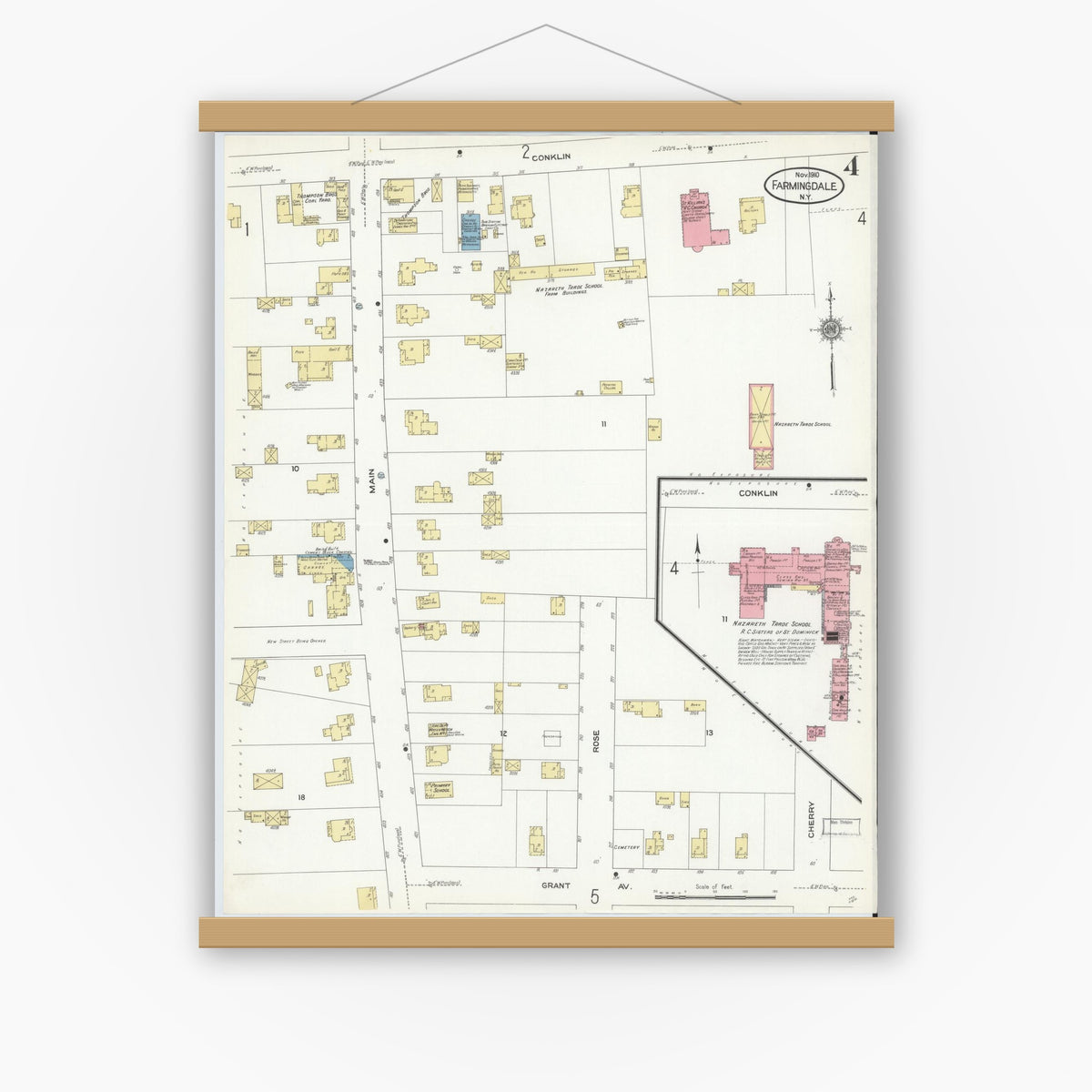 Old map wall art mockup — magnetic wood frame on white wall — Sanborn Fire Insurance Map from Farmingdale, Nassau County, New York (1910), Sheet #0004