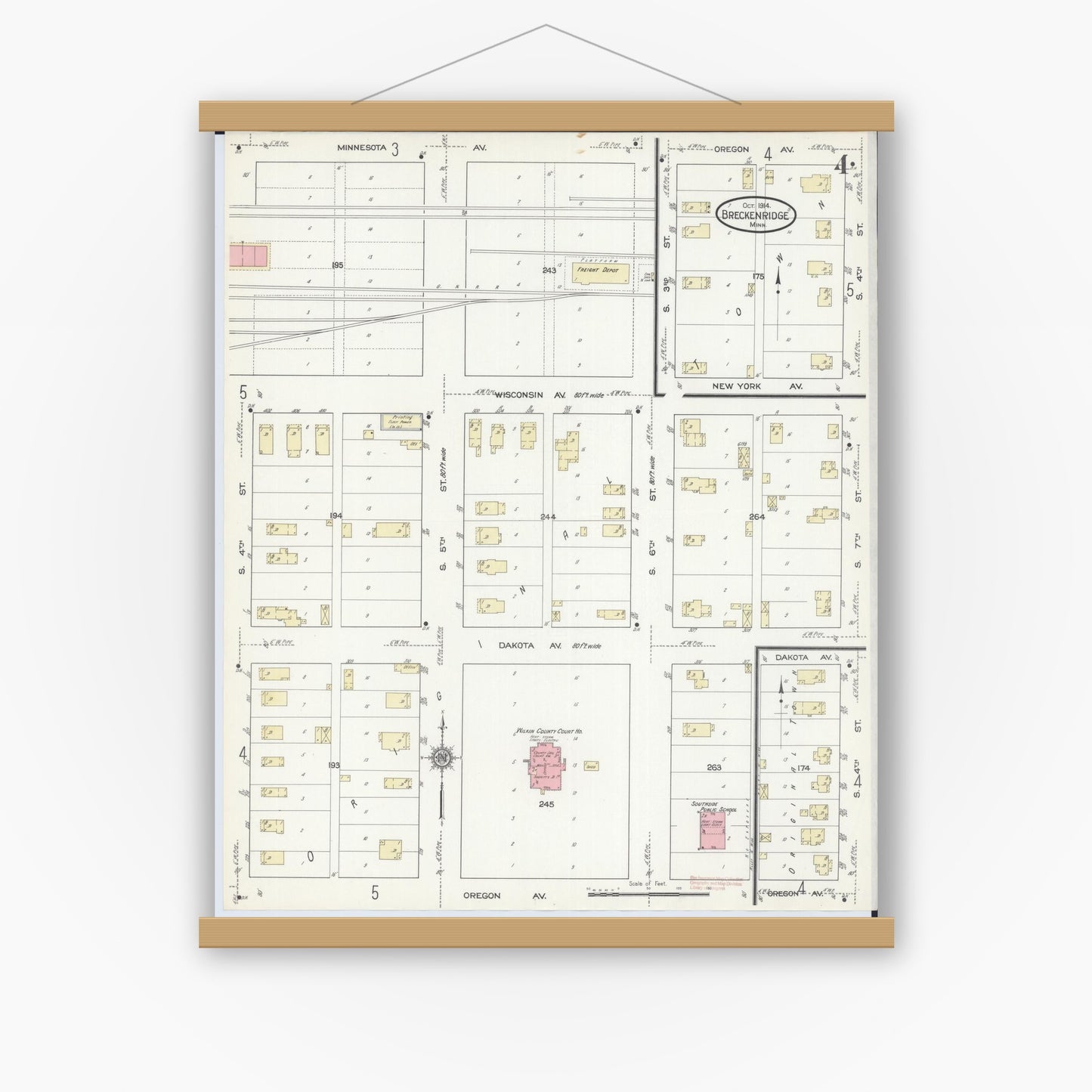 Old map wall art mockup — magnetic wood frame on white wall — Sanborn Fire Insurance Map from Breckenridge, Wilkin County, Minnesota (1914), Sheet #0004