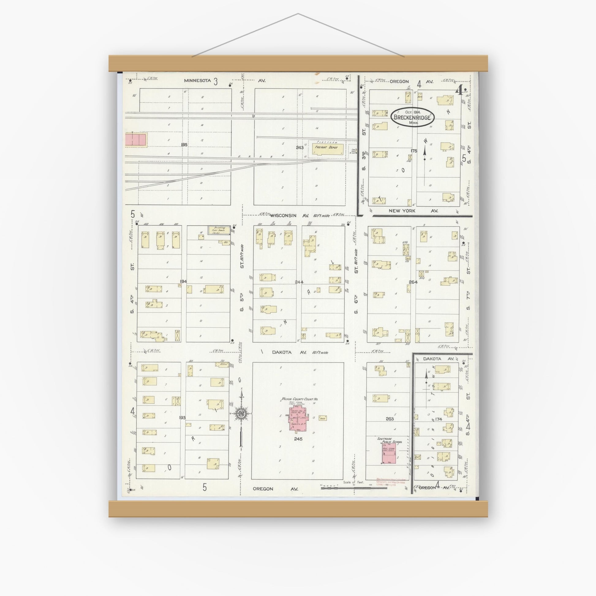 Old map wall art mockup — magnetic wood frame on white wall — Sanborn Fire Insurance Map from Breckenridge, Wilkin County, Minnesota (1914), Sheet #0004