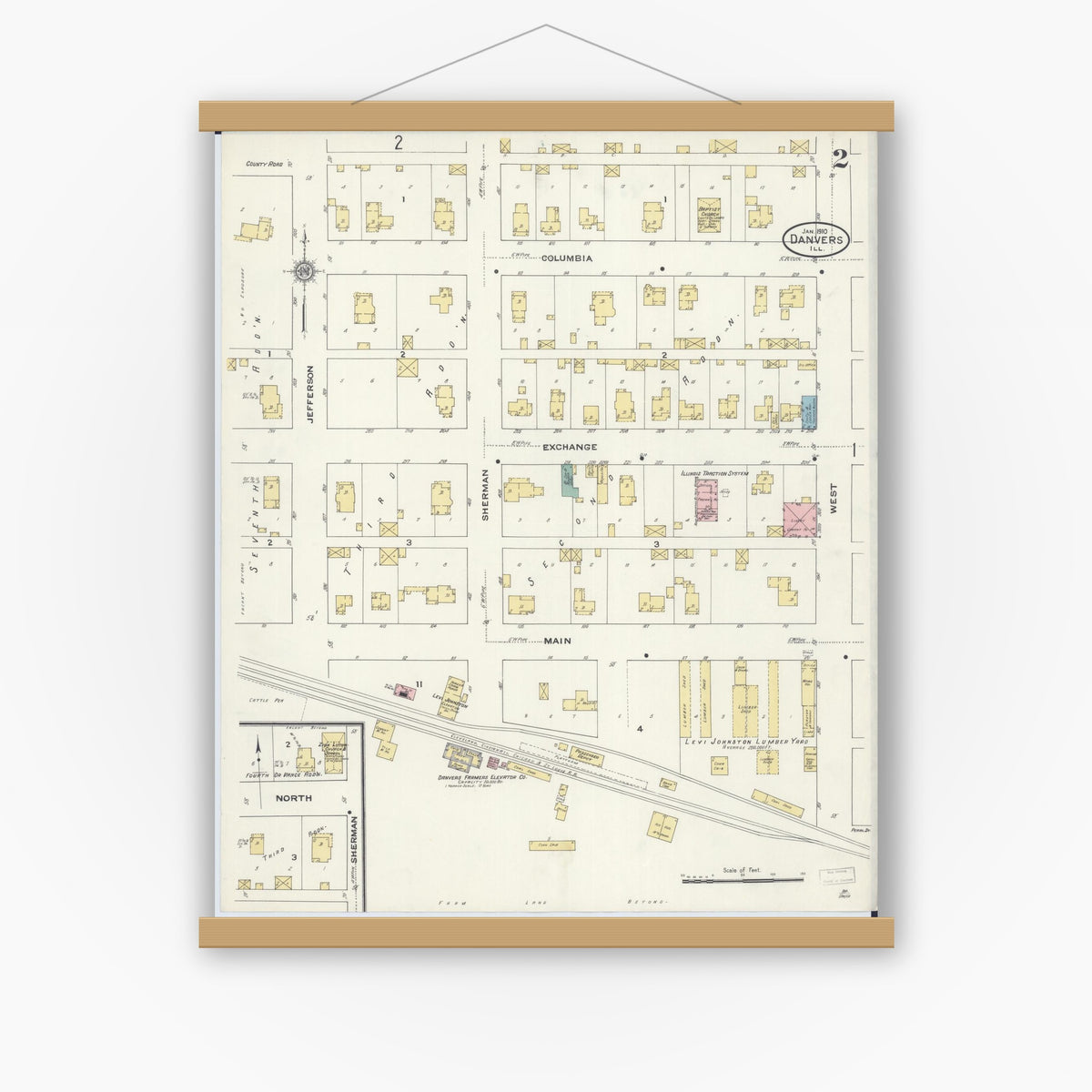Old map wall art mockup — magnetic wood frame on white wall — Sanborn Fire Insurance Map from Danvers, McLean County, Illinois (1910), Sheet #0002