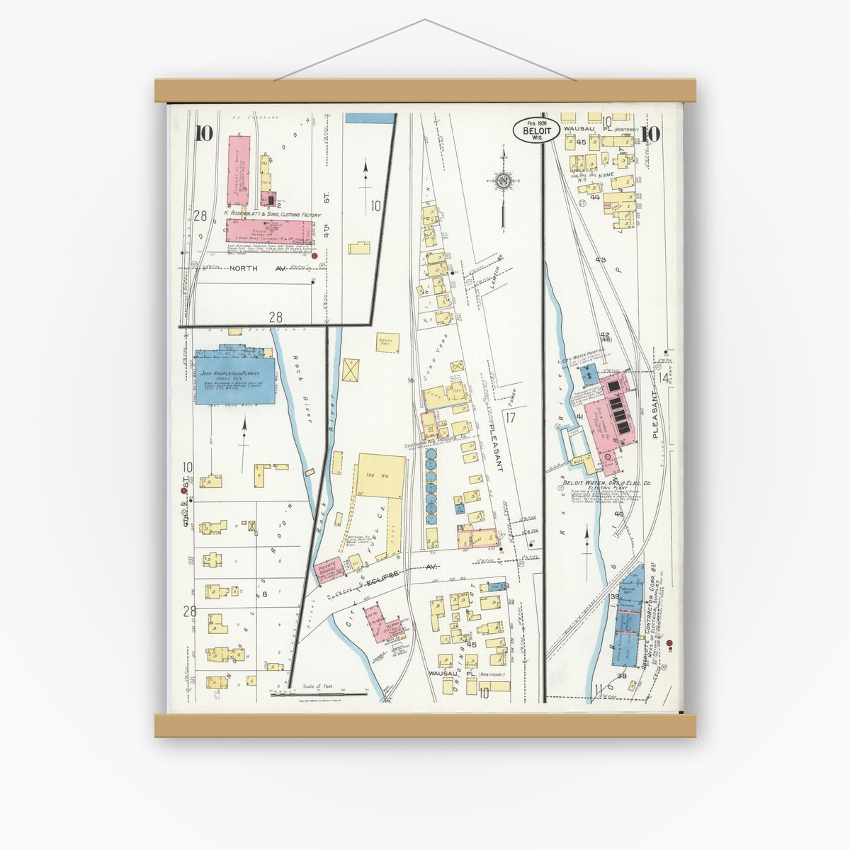 Old map wall art mockup — magnetic wood frame on white wall — Sanborn Fire Insurance Map from Beloit, Rock County, Wisconsin (1926), Sheet #0010