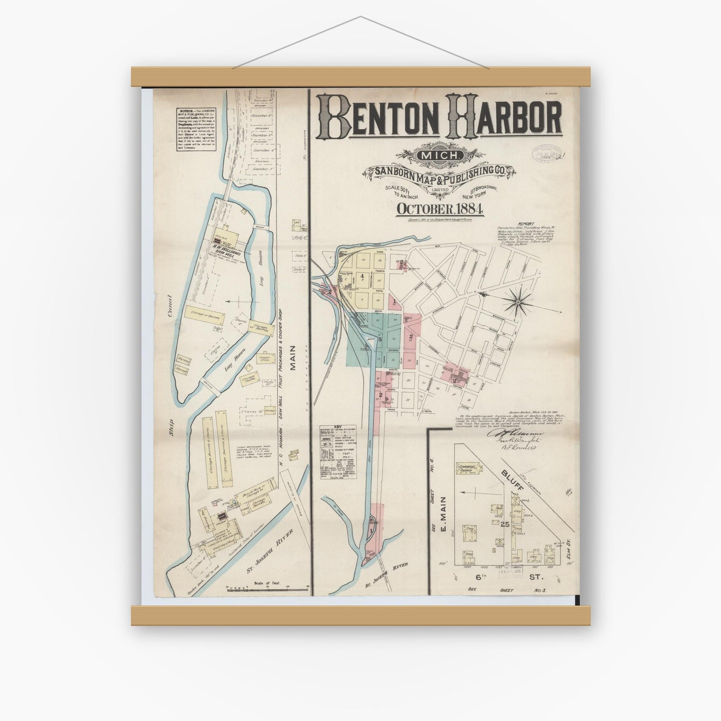 Old map wall art mockup — magnetic wood frame on white wall — Sanborn Fire Insurance Map from Benton Harbor, Berrien County, Michigan (1884), Sheet #0001