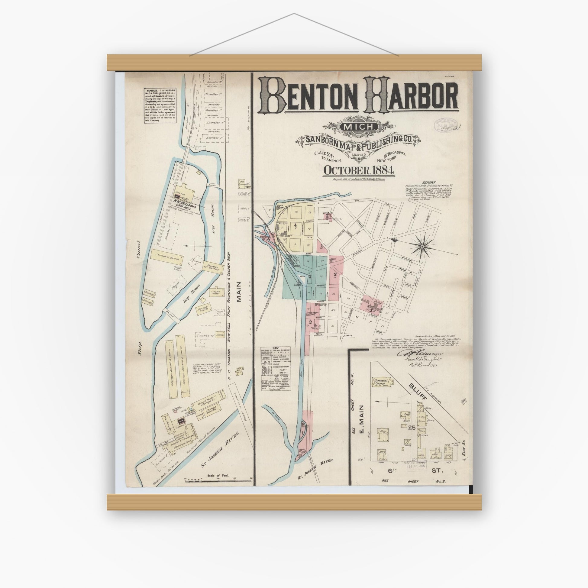 Old map wall art mockup — magnetic wood frame on white wall — Sanborn Fire Insurance Map from Benton Harbor, Berrien County, Michigan (1884), Sheet #0001