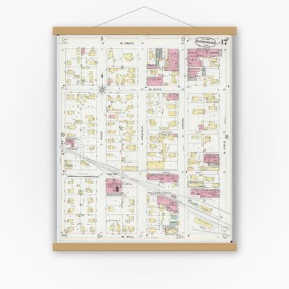 Old map wall art mockup — magnetic wood frame on white wall — Sanborn Fire Insurance Map from Bloomington, McLean County, Illinois (1896), Sheet #0017