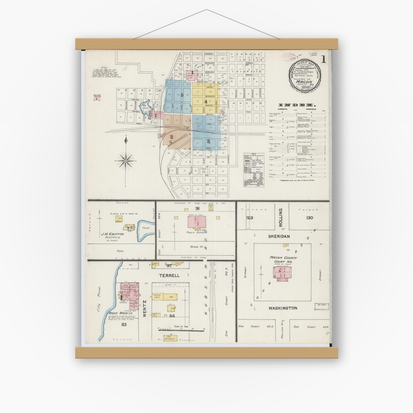 Old map wall art mockup — magnetic wood frame on white wall — Sanborn Fire Insurance Map from Macon, Macon County, Missouri (1890) - Complete Map Set