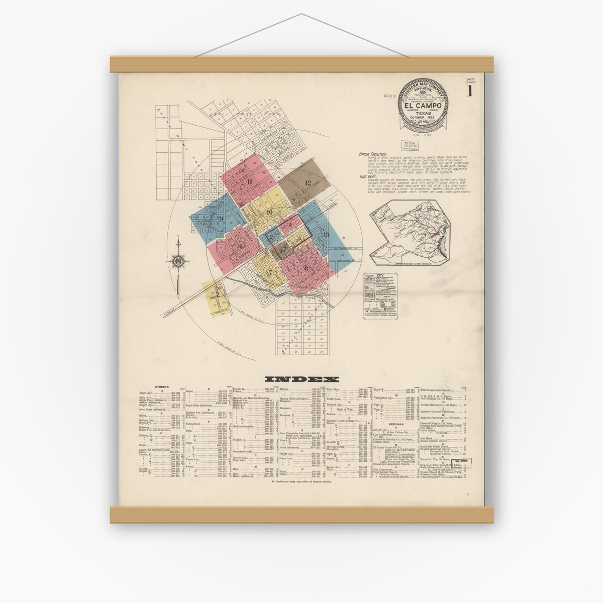 Old map wall art mockup — magnetic wood frame on white wall — Sanborn Fire Insurance Map from El Campo, Wharton County, Texas (1922), Sheet #0001