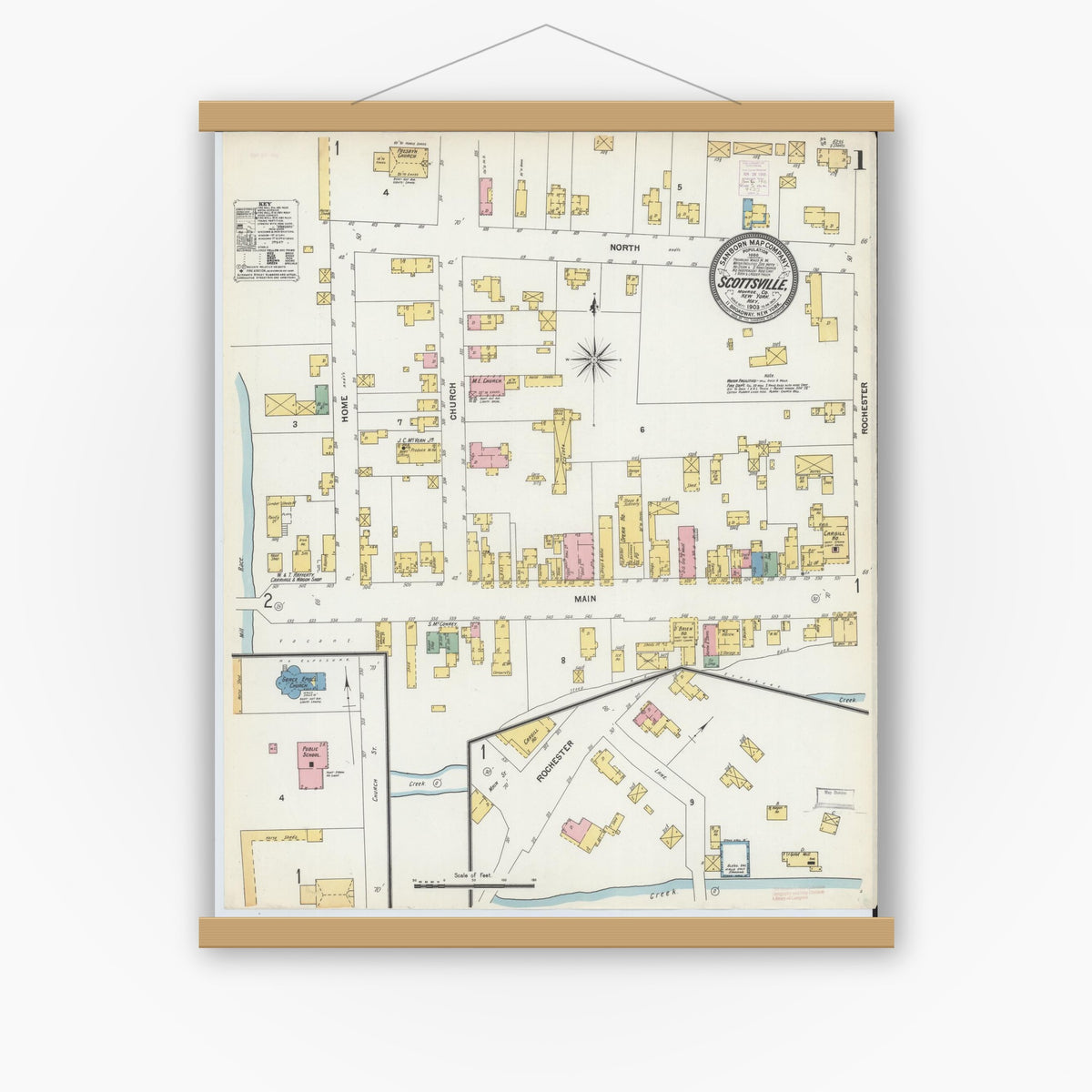 Old map wall art mockup — magnetic wood frame on white wall — Sanborn Fire Insurance Map from Scottsville, Monroe County, New York (1903), Sheet #0001