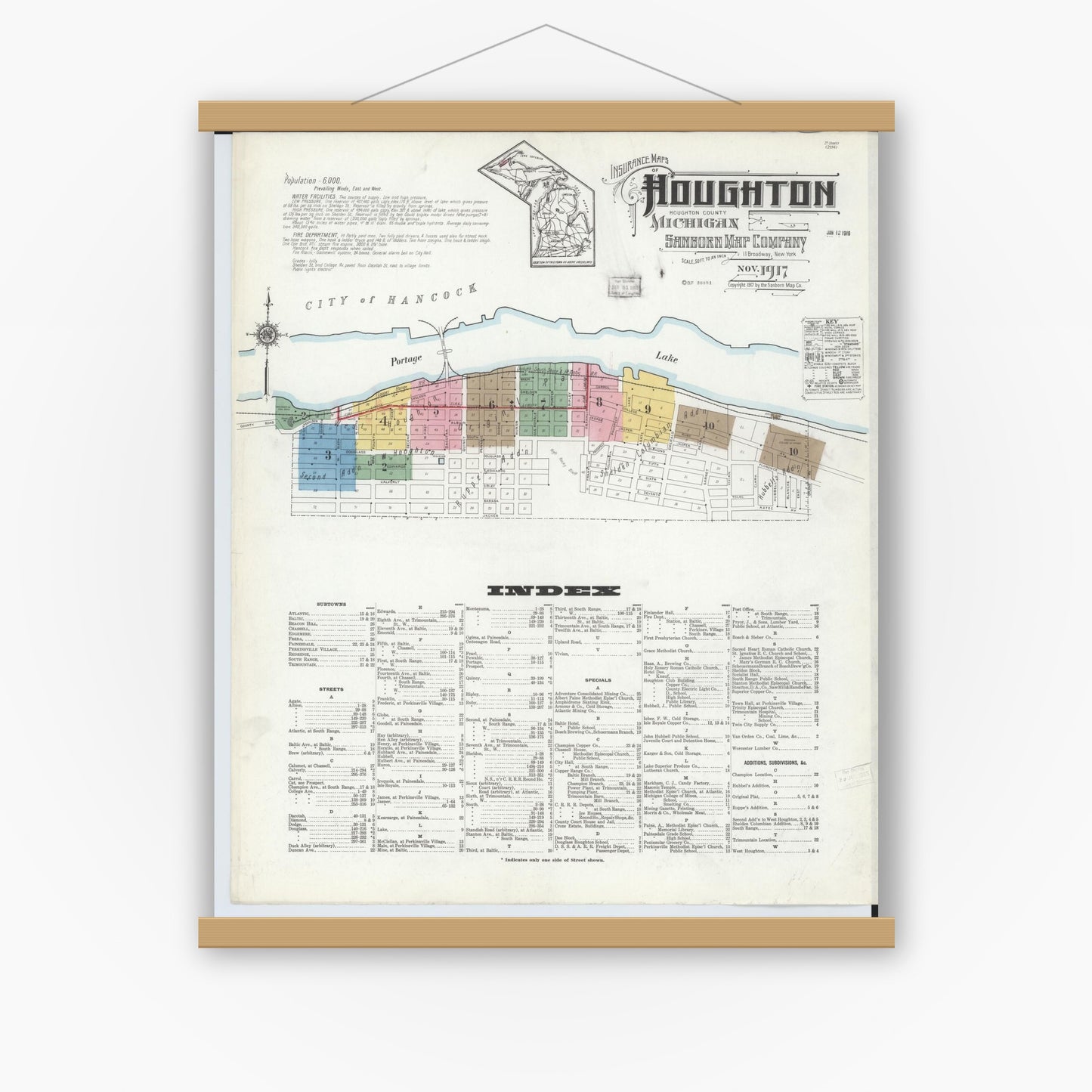 Old map wall art mockup — magnetic wood frame on white wall — Sanborn Fire Insurance Map from Houghton, Houghton County, Michigan (1917) - Complete Map Set