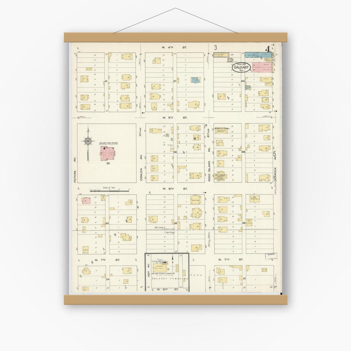 Old map wall art mockup — magnetic wood frame on white wall — Sanborn Fire Insurance Map from Dalhart, Dallam And Hartley County, Texas (1913), Sheet #0004