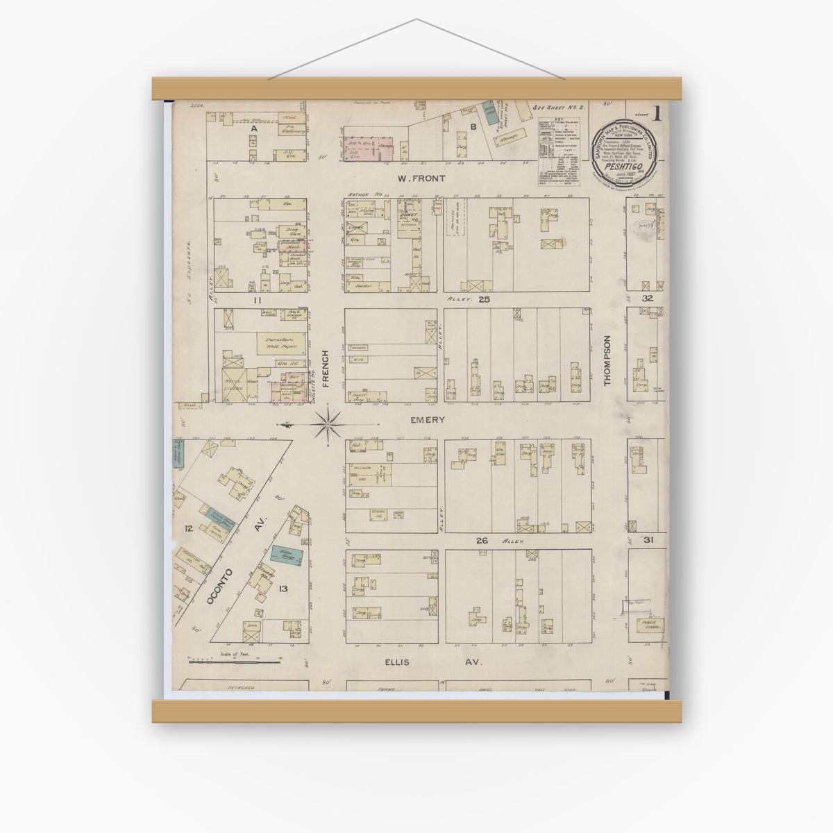 Old map wall art mockup — magnetic wood frame on white wall — Sanborn Fire Insurance Map from Peshtigo, Marinette County, Wisconsin (1887), Sheet #0001