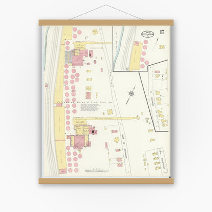 Old map wall art mockup — magnetic wood frame on white wall — Sanborn Fire Insurance Map from Kittanning, Armstrong County, Pennsylvania (1913), Sheet #0017