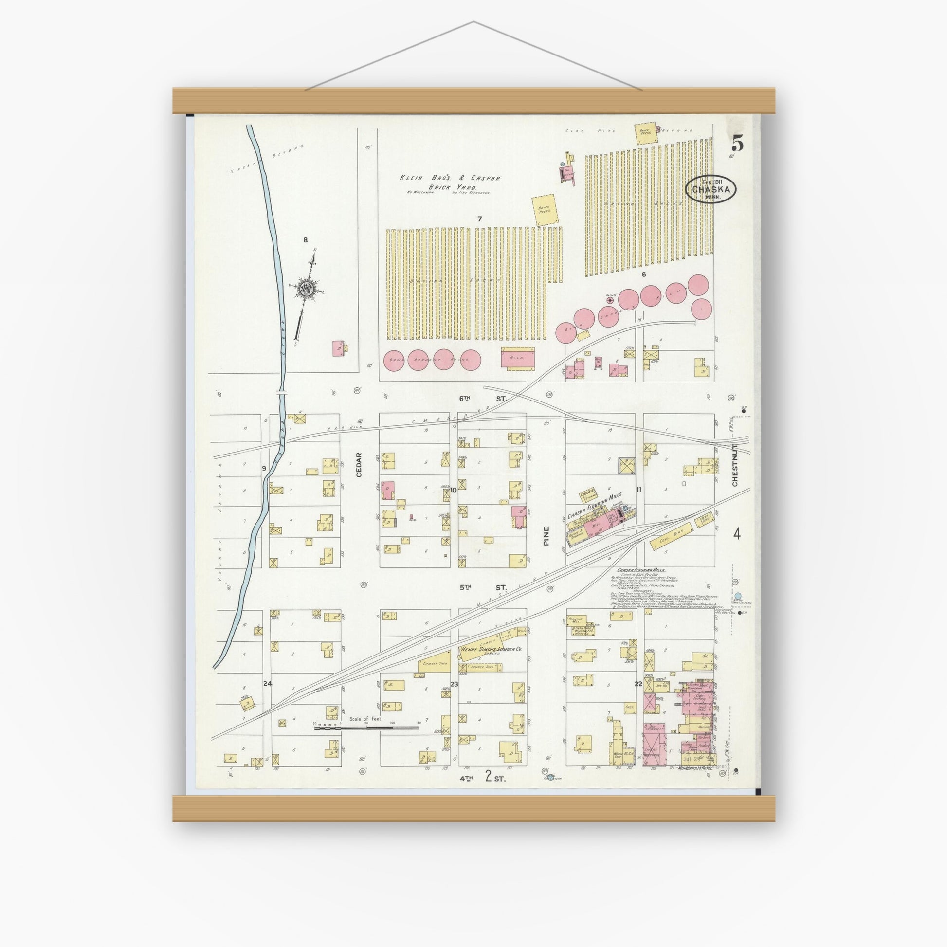 Old map wall art mockup — magnetic wood frame on white wall — Sanborn Fire Insurance Map from Chaska, Carver County, Minnesota (1911), Sheet #0005