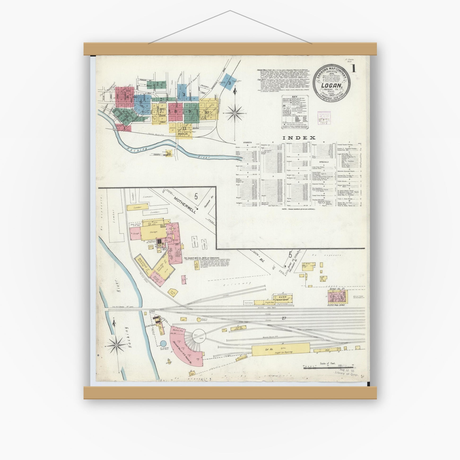 Old map wall art mockup — magnetic wood frame on white wall — Sanborn Fire Insurance Map from Logan, Hocking County, Ohio (1907), Sheet #0001