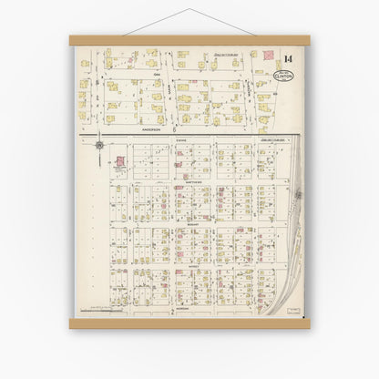 Old map wall art mockup — magnetic wood frame on white wall — Sanborn Fire Insurance Map from Clinton, Vermillion County, Indiana (1915), Sheet #0014