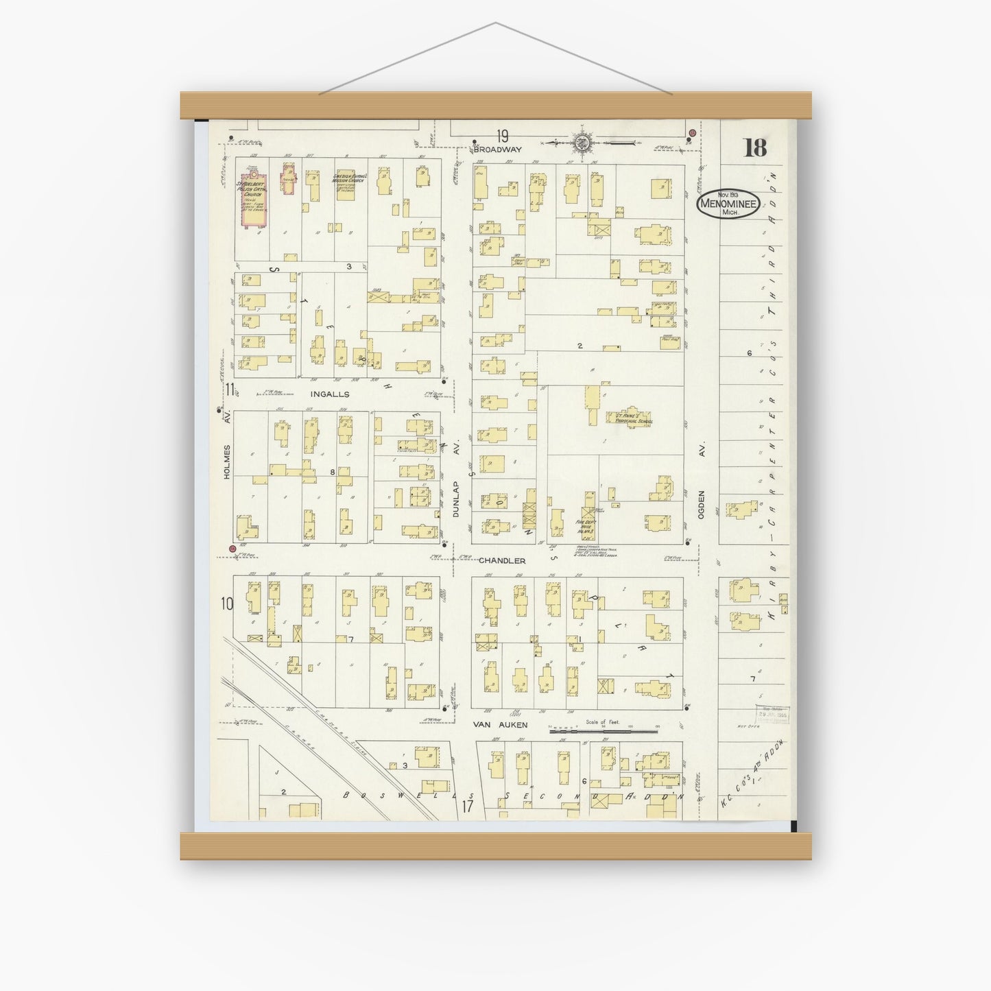 Old map wall art mockup — magnetic wood frame on white wall — Sanborn Fire Insurance Map from Menominee, Menominee County, Michigan (1913), Sheet #0018