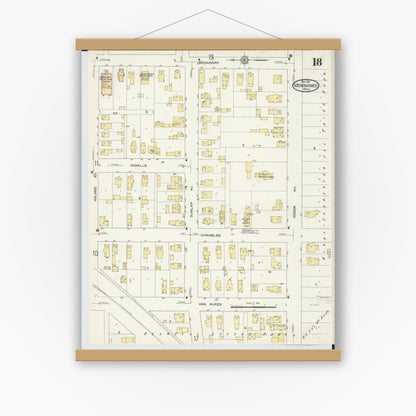 Old map wall art mockup — magnetic wood frame on white wall — Sanborn Fire Insurance Map from Menominee, Menominee County, Michigan (1913), Sheet #0018